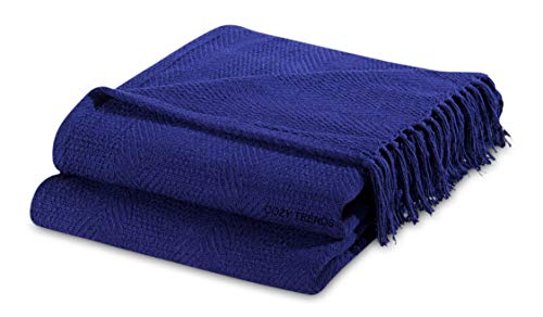 Luxurious Hand Woven Cozy Warm 100% Combed Cotton All Season Indoor Outdoor Light Weight Fade Resistant Couch Chair Bed Throw Blankets Batik 50x60 Inch Set of 2 (Navy)