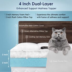 Phantoscope 4 Inch Dual Layer Memory Foam Mattress Topper, Queen Size, 2 Inch Cooling Gel Memory Foam + 2 Inch Cotton Pillow Top Cover, Relieve Hip and Back Pain for Stomach and Side Sleepers