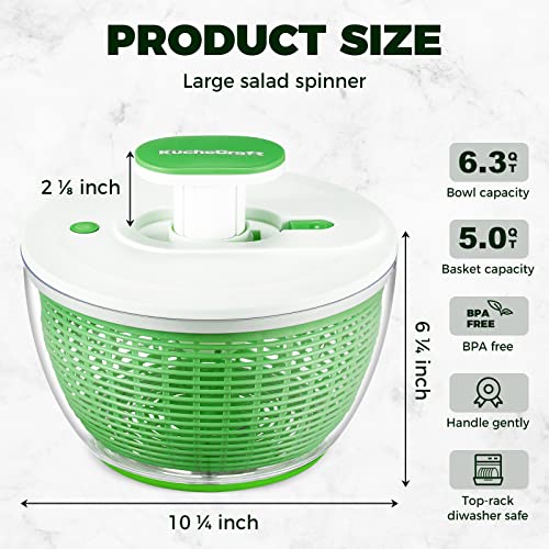 KucheCraft Salad Spinner Large 6.3 Qt, Manual Lettuce Spinner for Vegetable Prepping, One-Handed Pump Fruit Spinner Dryer with Bowl and Colander, Dishwasher Safe Veggie Fruit Washer Spinner-Green