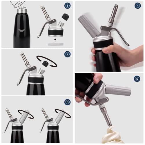 SimCoker Whipped Cream Dispenser, Aluminum Cream Whipper 500mL/1 Pint,3 Stainless Culinary Decorating Nozzles, 1 Brush, 1 Storage Bag, Homemade Cream Maker, N2O Chargers Not Included