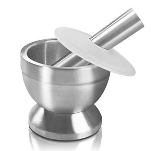 mortar and pestle, sopito 18/8 stainless steel spice grinder pill crusher with lid for crushing grinding ergonomic design with anti slip base and comfy grip