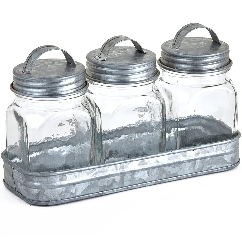 The Lakeside Collection Glass Canisters in Galvanized Tray - Farmhouse Spice Container Set of 3