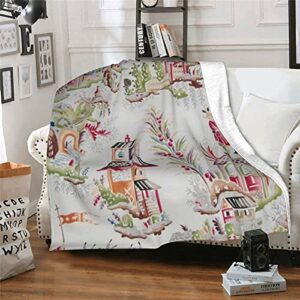 Chinoiserie Pagodas Toile Chinese Style Warm Sofa Blankets Ultra-Soft Throw Multi-Size Micro Fleece Double Blanket for Bed Couch Living Room