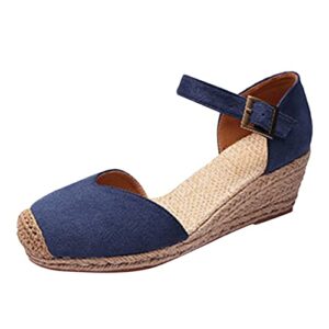 Summer Bohemian Denim Fisherman Shoes Women Wedge Vintage High Heel Woven Platform Women Espadrilles Sandales Pour Femmes S Sandals for Women Fluff (Blue, 7.5)