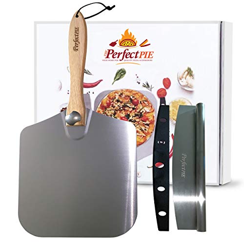 THE PERFECT PIE Premium Pizza Peel 12" x 14" Aluminum Pizza Paddle with Foldable Handle for Storage and 14” Rocker Cutter with Protective Cover. Gourmet Spatula and Cutter Set for Homemade Pizza.