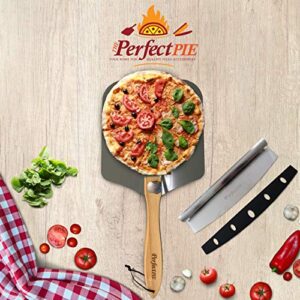 THE PERFECT PIE Premium Pizza Peel 12" x 14" Aluminum Pizza Paddle with Foldable Handle for Storage and 14” Rocker Cutter with Protective Cover. Gourmet Spatula and Cutter Set for Homemade Pizza.