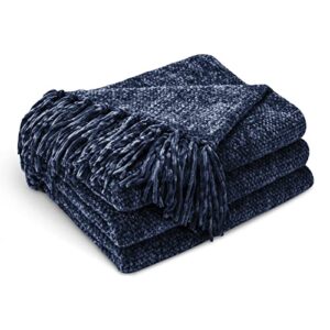 cozecube chenille throw blanket for couch, cozy soft throw blanket with fringe tassel, navy blue throw blanket for sofa chair gift,decorative farmhouse throw blanket 50"x60"