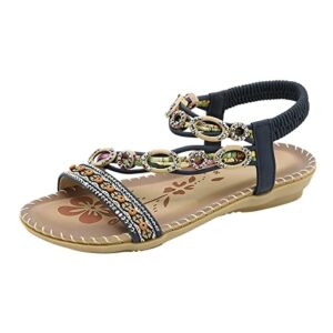 summer fashion women casual open toe flat rhinestone comfortable soft bottom breathable elastic band shoes sandals leopard print heels for women sandal (blue, 7.5)