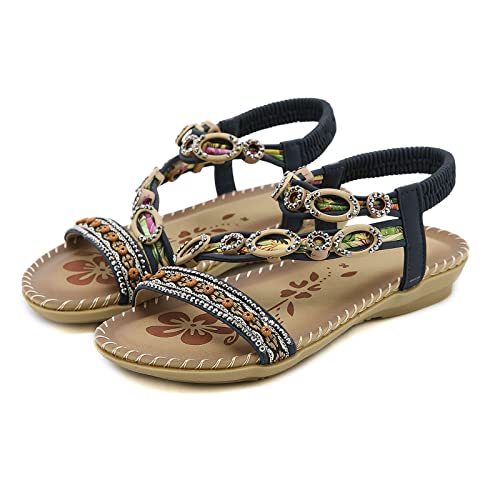 Summer Fashion Women Casual Open Toe Flat Rhinestone Comfortable Soft Bottom Breathable Elastic Band Shoes Sandals Leopard Print Heels for Women Sandal (Blue, 7.5)