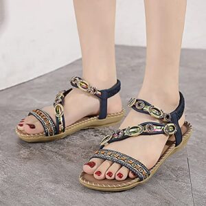 Summer Fashion Women Casual Open Toe Flat Rhinestone Comfortable Soft Bottom Breathable Elastic Band Shoes Sandals Leopard Print Heels for Women Sandal (Blue, 7.5)