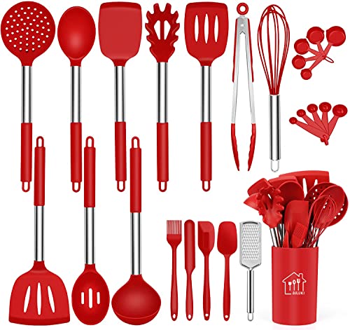 Silicone Cooking Utensil Set,Kitchen Utensils 26 Pcs Cooking Utensils Set,Non-stick Heat Resistant Silicone,Cookware with Stainless Steel Handle - Red