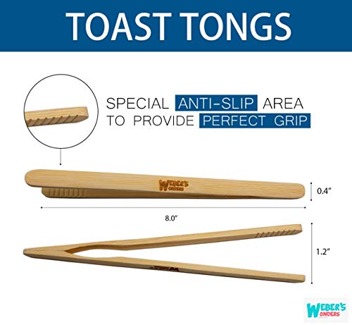 Weber's Wonders Set Of 2 Reusable Bamboo Toast Tongs - Wooden Toaster Tongs For Cooking & Holding - 8 Inch Long - Ideal Kitchen Utensil For Cheese Bacon Muffin Fruits Bread - Ultra Grip - Eco-friendly