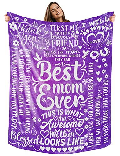 Mom Gifts, Mom Throw Blanket, Best Mom Ever, Birthday Gifts for Mom, Throw Blanket for Mother from Daughter or Son 65 x 50 Inches, Purple