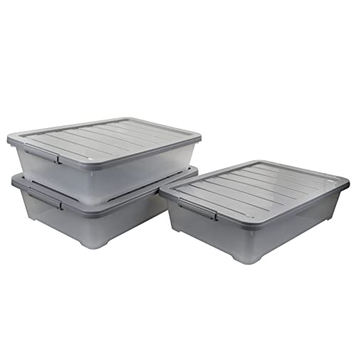 Qqbine 40 Quart Large Under Bed Storage Bins with lids, Plastic Wheeled Latching Boxes, 3 Packs