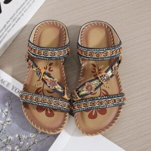 Summer Fashion Women Casual Open Toe Flat Flowers Rhinestone Comfortable Soft Bottom Soft Cushion Sandals for Women (Blue, 7.5)