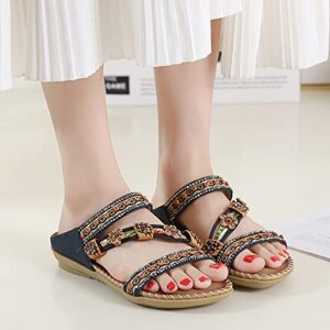 Summer Fashion Women Casual Open Toe Flat Flowers Rhinestone Comfortable Soft Bottom Soft Cushion Sandals for Women (Blue, 7.5)