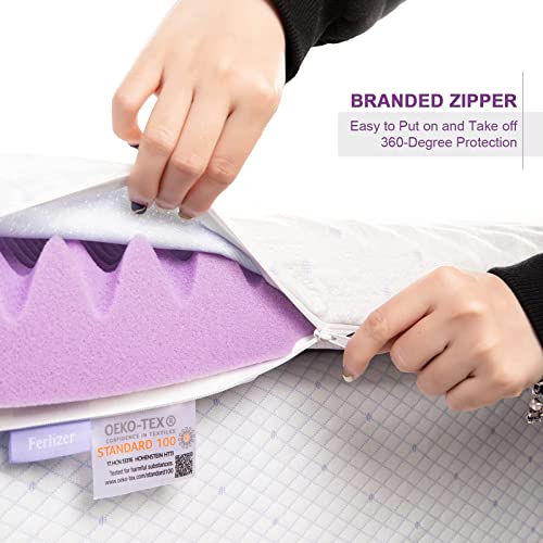 Mattress Topper Cover Queen, Lavender Infused Premium Bamboo Zippered Cover for Mattress Topper with Adjustable Straps, Ferlizer 3 Inch Queen Mattress Topper Protector