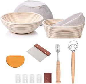 bread proofing basket set of 2 round and oval, banneton proofing basket + danish dough whisk + bread scoring lame + stainless steel dough scraper + flexible dough scraper, sourdough tools kit
