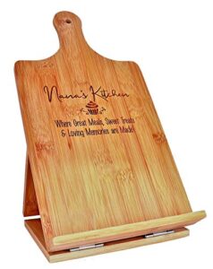 nana gift cookbook stand recipe holder - custom engraved bamboo cutting board foldable chef easel metal hinge kickstand ipad tablet compatible christmas birthday mother day kitchen decor (7.25x13.5)