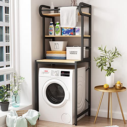 BKGDO Washer Storage Frames Floor Standing for Over Toilet,Square Carbon Steel Washinghine Shelf,Drum Washinghine Storage Rack Toilet Shelf with Hanging Rod/Black