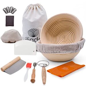 liliadon 9 inch round banneton bread proofing basket (set of 10)-splinter free proofing basket with all bread making tools-sourdough bread baking supplies-perfect sourdough starter kit for bakers