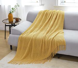 fslead mustard throw blanket for couch 50 x 60 inches - knit woven summer blankets, cozy lightweight decorative throw for sofa, bed and living room - all seasons suitable for women, men and kids