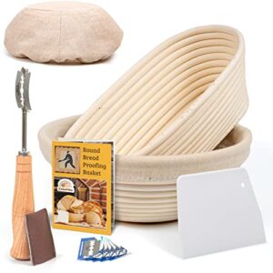 bread banneton proofing basket set of 2-10 inch oval, and 9 inch round + premium bread lame and slashing scraper, the ideal baking bowl for sourdough and yeast bread dough