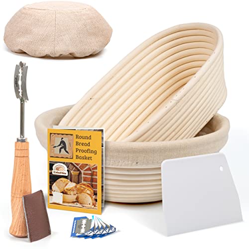 Bread Banneton Proofing Basket Set of 2-10 Inch Oval, and 9 Inch Round + Premium Bread Lame and Slashing Scraper, the ideal Baking Bowl for Sourdough and Yeast Bread Dough