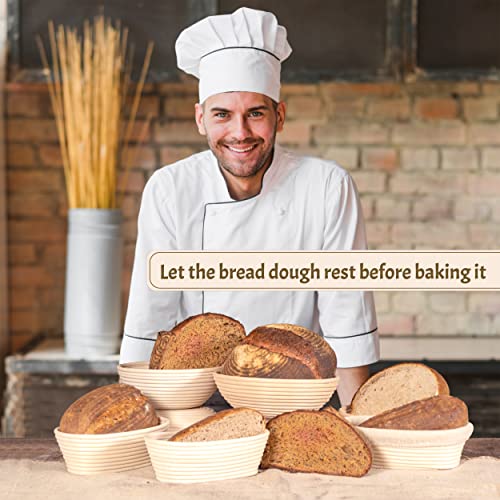 Bread Banneton Proofing Basket Set of 2-10 Inch Oval, and 9 Inch Round + Premium Bread Lame and Slashing Scraper, the ideal Baking Bowl for Sourdough and Yeast Bread Dough