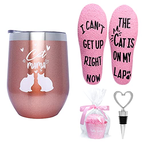 Valporia Cat Mom Gifts for Women Insulated Wine Tumbler with Sayings + Fuzzy Socks + Wine Stopper for Women Birthday Gifts for Women Rose Gold Stainless Steel Xmas Gifts