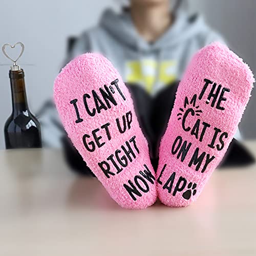 Valporia Cat Mom Gifts for Women Insulated Wine Tumbler with Sayings + Fuzzy Socks + Wine Stopper for Women Birthday Gifts for Women Rose Gold Stainless Steel Xmas Gifts