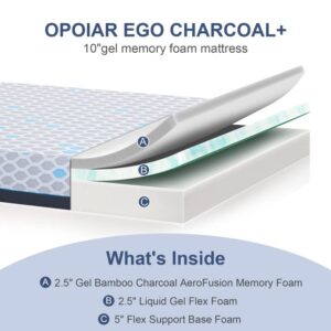 Opoiar Twin XL Mattress - Memory Foam Mattress 10 Inch Bamboo Charcoal Gel Memory Foam Mattress in a Box, Foam Bed Mattress Medium Firm, Full Size Mattress,USA