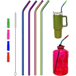 4 pieces 14 inch extra long reusable bent stainless steel metal straws with silicone tip & cleaning brush for simple modern 32oz tumbler, stanley 40oz cup, tal 64oz water bottle, 75 128oz water jug