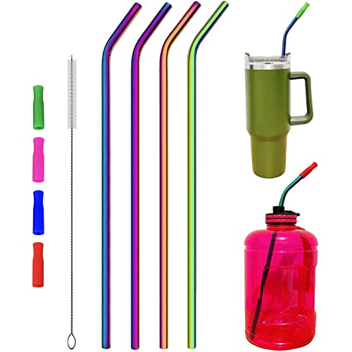 4 Pieces 14 Inch Extra Long Reusable Bent Stainless Steel Metal Straws with Silicone Tip & Cleaning Brush for Simple Modern 32oz Tumbler, Stanley 40oz Cup, TAL 64oz Water Bottle, 75 128oz Water Jug