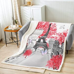 Eiffel Tower Blanket Red Cherry Blossom Fleece Blanket Girls Women Romantic City Building of Paris Throw Blanket Butterfly Flowers Leaning Tower of Pisa Fuzzy Blanket Paris Themed Sofa Decor 40"x50"