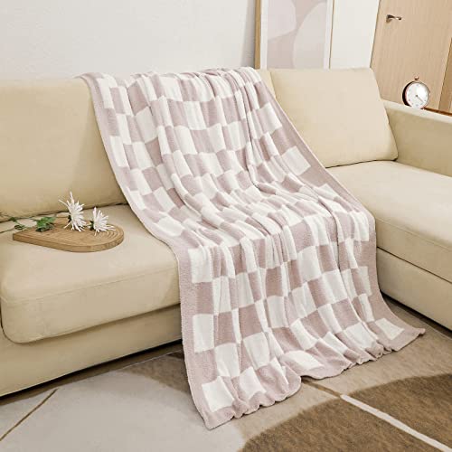 bearberry Fuzzy Checkerboard Grid Throw Blanket Knitted Soft Cozy Warm Microfiber Bed Blanket Decor for Couch Sofa Bed Travel Home (Cream, 60''x80'')