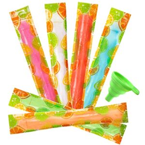 200 pack popsicle bags, lemon pattern ice pop bags, 11x2'' freeze pop bags for kids adults, popsicle molds bags with silicone funnel for diy yogurt tubes, fruit smoothies and summer ice party favors