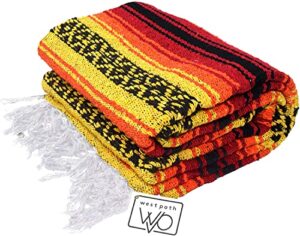 open road goods heavyweight mexican falsa yoga blanket, extra thick with stripes - great beach blanket, mexican blanket, picnic blanket, or throw - handmade sunfire red, orange, and black colors