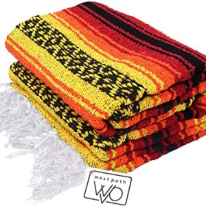 Open Road Goods Heavyweight Mexican Falsa Yoga Blanket, Extra Thick with Stripes - Great Beach Blanket, Mexican Blanket, Picnic Blanket, or Throw - Handmade Sunfire Red, Orange, and Black Colors