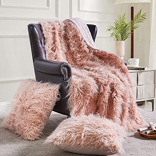 BYTIDE Mongolian Long Hair Faux Fur 50" x 60" Plush Throw Blankets with Two 20" x 20" Pillow Covers (NO Inserts) 3 Piece Set, Soft Luxury Furry Shaggy Throw with Micromink Back for Couch Bed, Pink