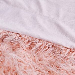 BYTIDE Mongolian Long Hair Faux Fur 50" x 60" Plush Throw Blankets with Two 20" x 20" Pillow Covers (NO Inserts) 3 Piece Set, Soft Luxury Furry Shaggy Throw with Micromink Back for Couch Bed, Pink