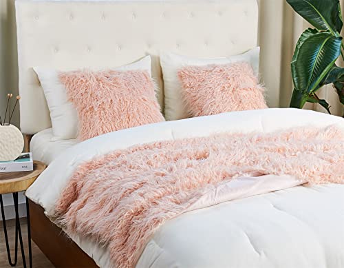 BYTIDE Mongolian Long Hair Faux Fur 50" x 60" Plush Throw Blankets with Two 20" x 20" Pillow Covers (NO Inserts) 3 Piece Set, Soft Luxury Furry Shaggy Throw with Micromink Back for Couch Bed, Pink