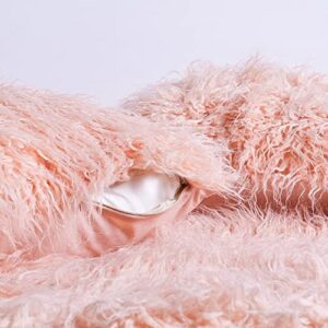 BYTIDE Mongolian Long Hair Faux Fur 50" x 60" Plush Throw Blankets with Two 20" x 20" Pillow Covers (NO Inserts) 3 Piece Set, Soft Luxury Furry Shaggy Throw with Micromink Back for Couch Bed, Pink