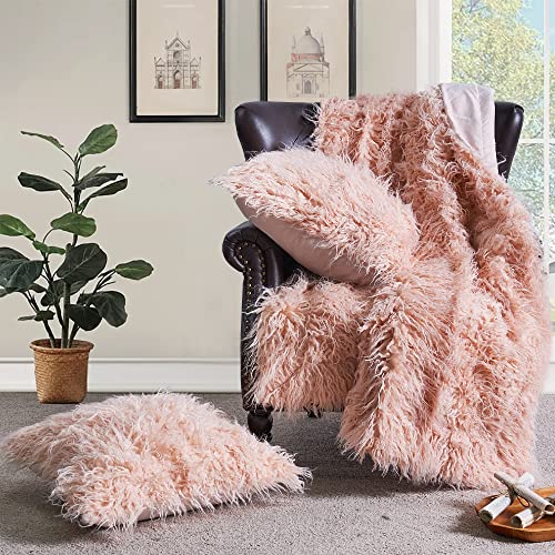 BYTIDE Mongolian Long Hair Faux Fur 50" x 60" Plush Throw Blankets with Two 20" x 20" Pillow Covers (NO Inserts) 3 Piece Set, Soft Luxury Furry Shaggy Throw with Micromink Back for Couch Bed, Pink