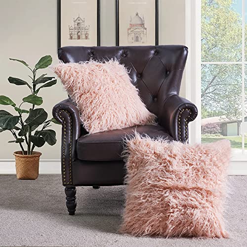 BYTIDE Mongolian Long Hair Faux Fur 50" x 60" Plush Throw Blankets with Two 20" x 20" Pillow Covers (NO Inserts) 3 Piece Set, Soft Luxury Furry Shaggy Throw with Micromink Back for Couch Bed, Pink