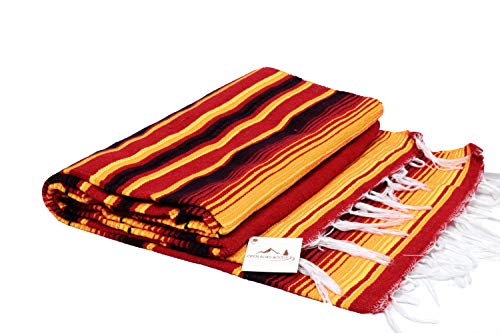 Authentic Mexican Serape Blanket - Multicolor Lightweight Handmade Mexican Saltillo Blanket / Classic Mexican Style Falsa, Stripe Pattern, Throw, Beach Blanket, Tapestry, or Yoga Blanket. Orange Red