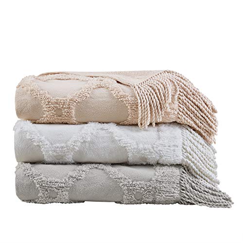 Madison Park Brianne 100% Cotton Tufted Chenille Design with Fringe Tassel Luxury Elegant Chic Lightweight, Breathable Cover, Luxe Cottage Room Décor Summer Blanket, 50" x 60", Blush Ogee