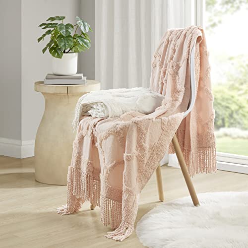 Madison Park Brianne 100% Cotton Tufted Chenille Design with Fringe Tassel Luxury Elegant Chic Lightweight, Breathable Cover, Luxe Cottage Room Décor Summer Blanket, 50" x 60", Blush Ogee