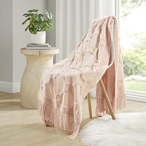 Madison Park Brianne 100% Cotton Tufted Chenille Design with Fringe Tassel Luxury Elegant Chic Lightweight, Breathable Cover, Luxe Cottage Room Décor Summer Blanket, 50" x 60", Blush Ogee