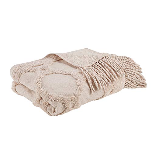 Madison Park Brianne 100% Cotton Tufted Chenille Design with Fringe Tassel Luxury Elegant Chic Lightweight, Breathable Cover, Luxe Cottage Room Décor Summer Blanket, 50" x 60", Blush Ogee